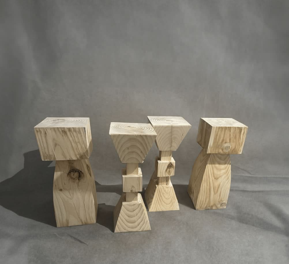 4 solid wood kitchen stools in a set, natural wood finish, modern design
